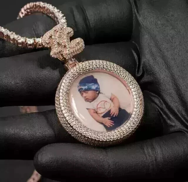 3Ct Round Cut Moissanite Men's Custom Memory Pendant 14K Rose Gold Plated Silver - Image 2 of 4