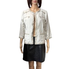 Chico's Women's Linen Blend Jacket Size 1 M/8-10 Gray Open Front Pockets EUC