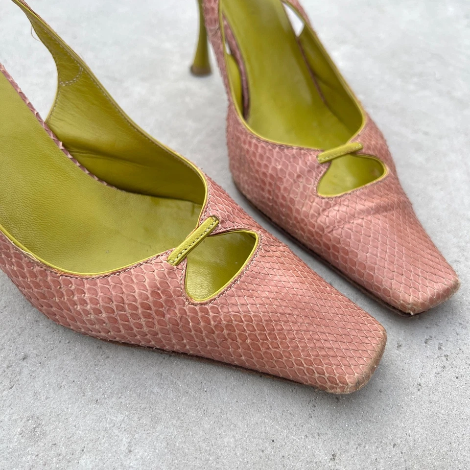 Sergio Rossi | Mules de tacón medio de cuero pitón tostado verde lima punta (37) Foto 4 de 4