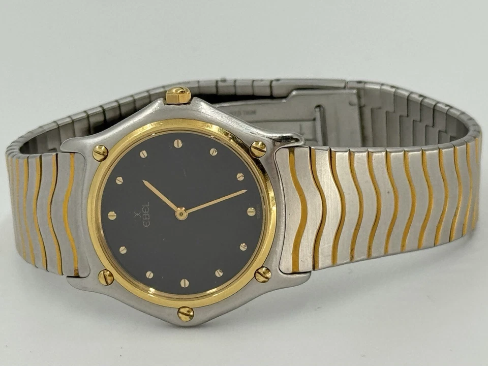 Reloj de cuarzo Ebel Classic Wave de acero y oro de 18 quilates esfera negra 34 mm 181909 - NO FUNCIONA Foto 2 de 4