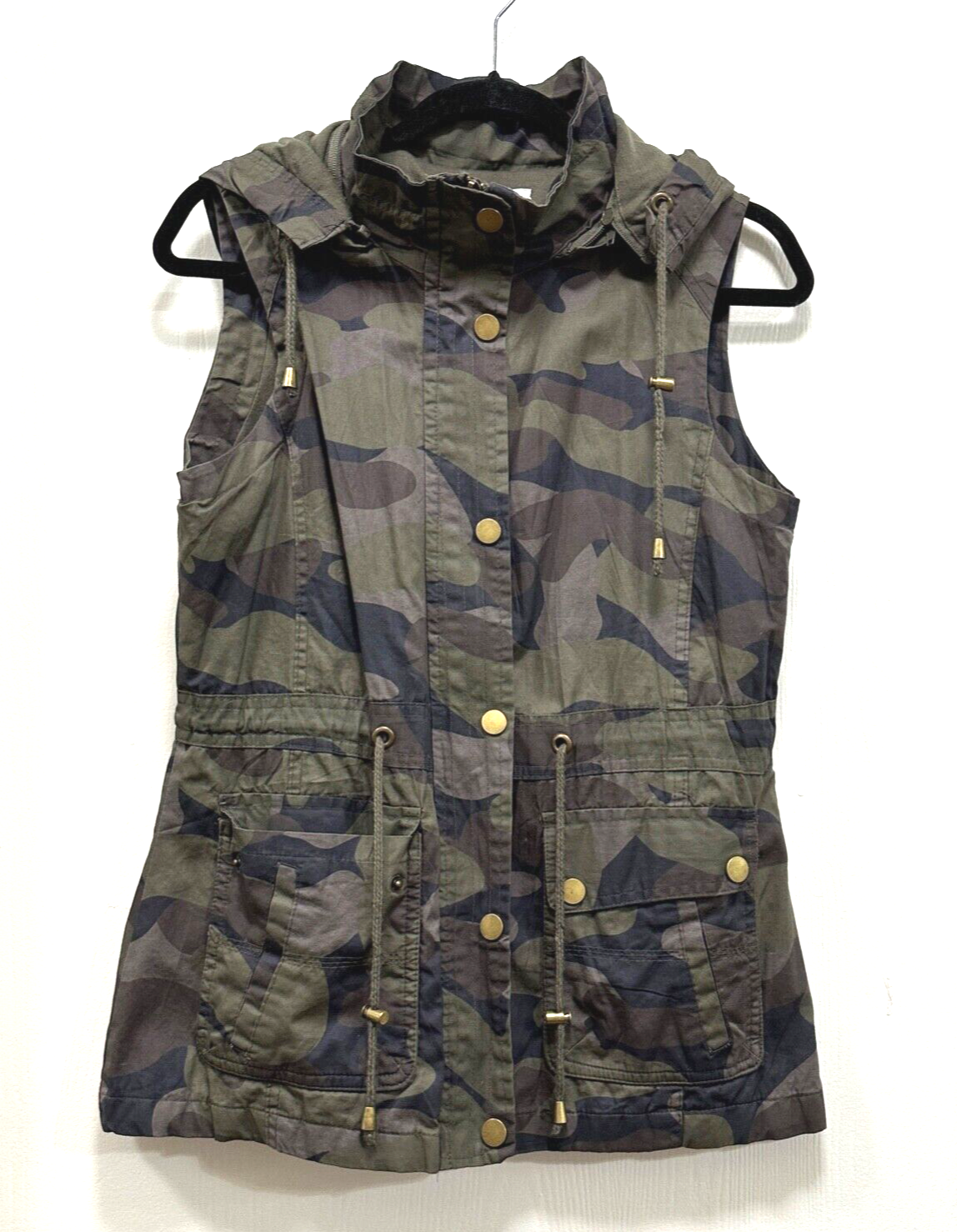 YMI Women Hooded Utility Cargo Vest Green Camo 100% Cotton S
