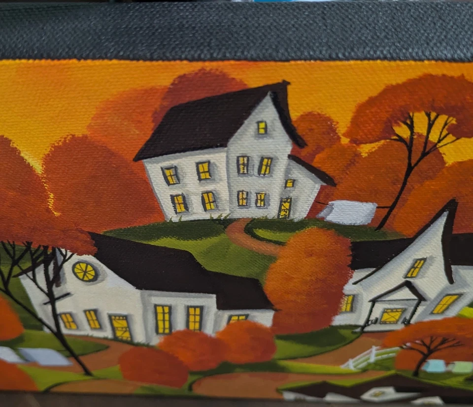 Pintura Arte Popular Original Gato Caballo Campo Lavado Línea Edredón Paisaje Naranja Foto 3 de 4