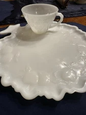 Vintage Hazel Atlas Opaque Milk Glass Tree of Life Snack Plate and Cup