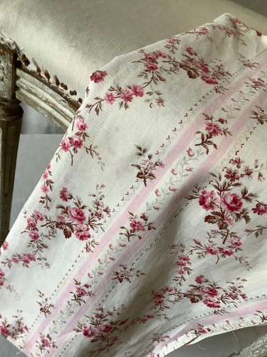 Antique French Fabric Cotton Floral Pink Stripe Roses 1900 Shabby Chic - Picture 14 of 14