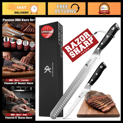 BBQ Carving Set - 12'' Brisket Knife & 6'' Boning Knife, Razor Sharp German Steel,