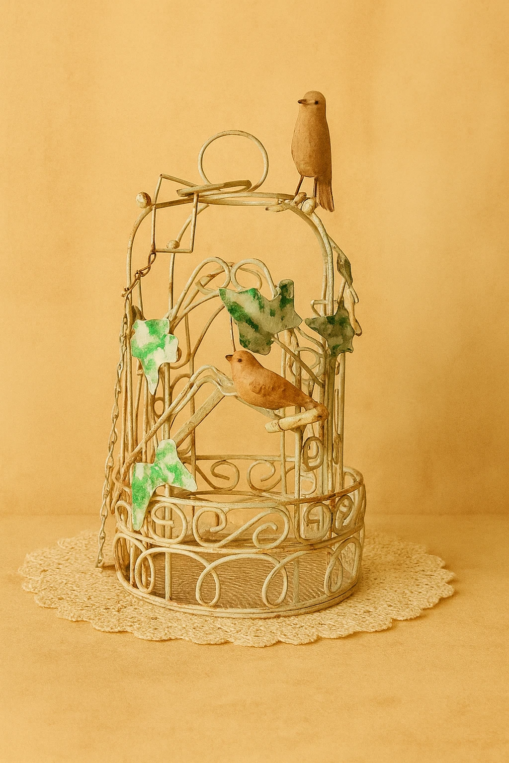 Decorative Vintage Hanging Bird Cage with Birds & Ivy – Shabby Chic Cottage