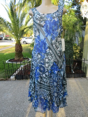 Bethany Women's Dress 14 NWT Stunning Blue Floral Belted Chiffon Sleeveless