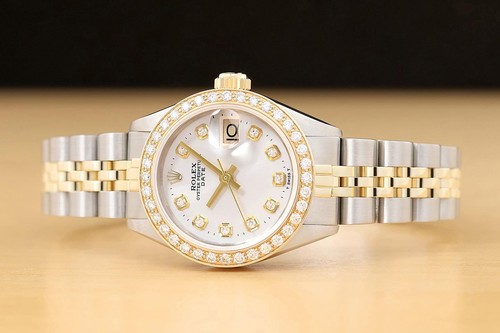 ROLEX LADIES DATE SILVER DIAMOND DIAL 14K YELLOW GOLD STEEL TWO TONE WATCH - Picture 3 of 8