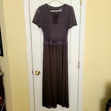 Vintage Elegant Dark Blue  Brown Lace Crochet Top Short Sleeve Maxi Dress Goth