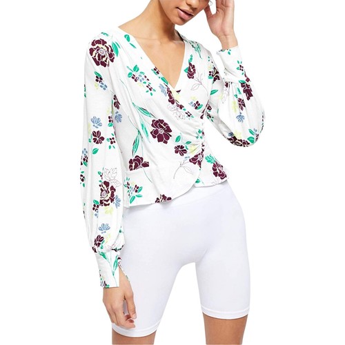 Free People Women White Purple Floral Wrap Front Long Sleeve Blouse Small - Foto 2 di 4