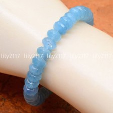 Natural 4x6mm Faceted Blue Aquamarine Gemstone Rondelle Beads Bracelet 7.5"