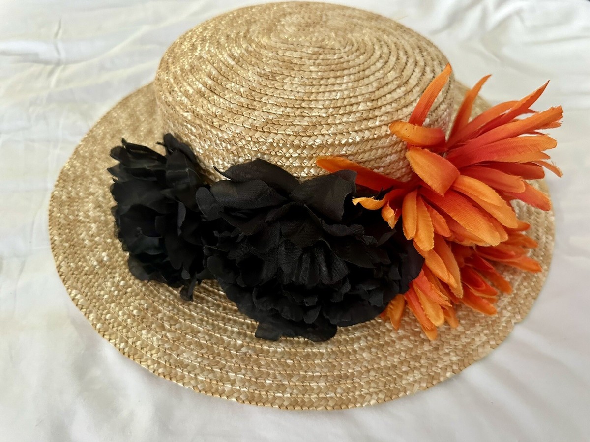 Zara Floral Raffia Hat Size M Woven Band Detail Contrast 