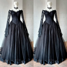 Gothic Black Wedding Dresses Off Shoulder Long Sleeve V Neck Bridal Gowns Train