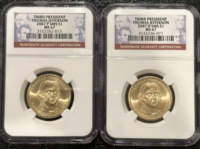 2007 P & D Thomas Jefferson Presidential Dollar Coin NGC SMS MS67