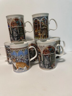 Dunoon Christmas Cats Mugs - Sue Scullard - Set of 7
