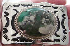 Silvertone Metal Belt Buckle 3" w Encased Natural Stone Decorative Border USA