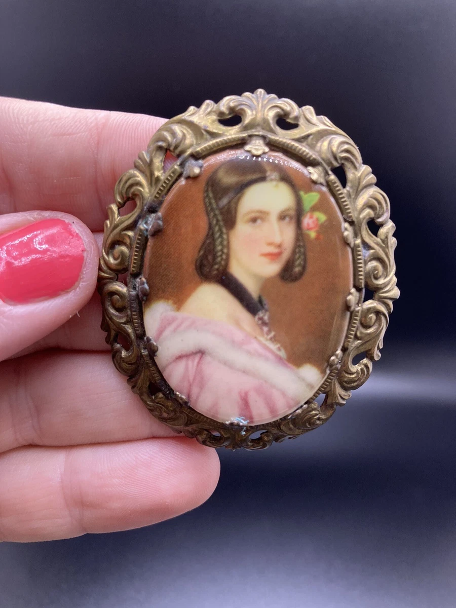 Vintage Victorian Lady Portrait Filigree Brooch Made In West