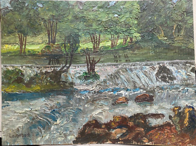 ::ÖLGEMÄLDE SIGN. LAUTERBACH FLUßLANDSCHAFT AM WALD MIT WASSERFALL WASSERLÄUFE