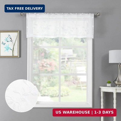 Tollpiz White Leaf Sheer Valance Leaves Embroidered Living Room Curtain Valances