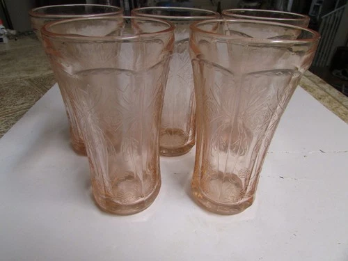 5 Vintage Federal Madrid Pink Depression Tall Glass Tumbler , 6 1/2" tall