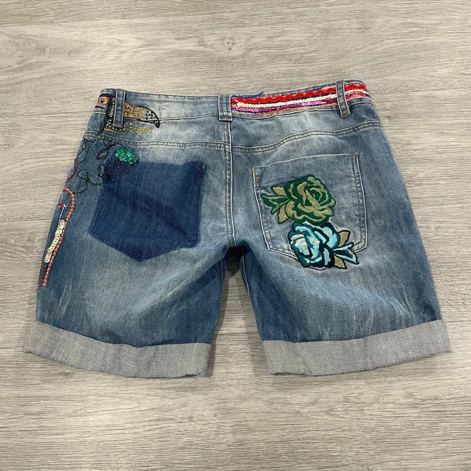 Pantalones Cortos Denim DESIGUAL Mujer Gráficos Talla 30 Medianos Azul Floral Bordado Y2K Foto 4 de 4