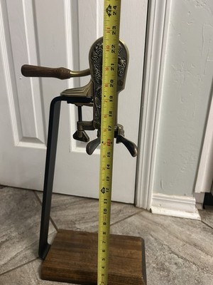 Rogar Estate Brass Wine Bottle Opener Ornate Brass Wood Stand Corkscrew Vintage