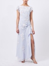 Light Blue Short Sleeve Floral Appliqu Formal Gown with Slit