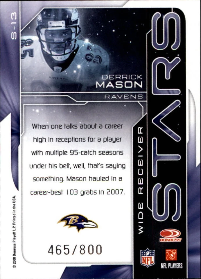 2008 Donruss Elite Stars Red #13 Derrick Mason /800 - FB - Image 2 of 2