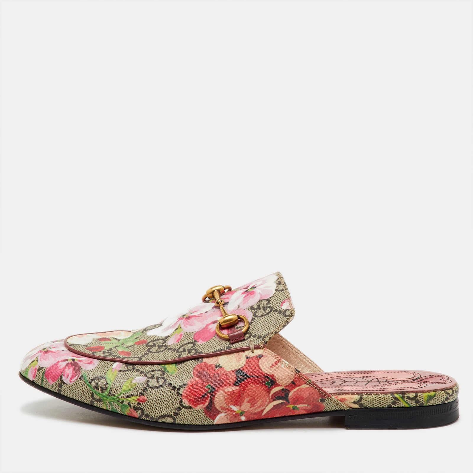 Gucci GG Supreme Blooms beige maroon flat mules size 37