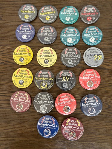 Complete Super Bowl I-XXII 22 Button Pinback Set ASCO WinCraft NFL Vintage