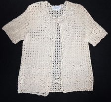 Vintage Crocheted Button Front Short Sleeve Cardigan Cottagecore Granny C-36" M
