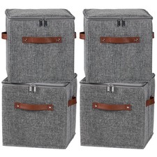 4PCS Storage Cubes with Lids Cotton Linen Fabric Bins Boxes  Decorative Fold...
