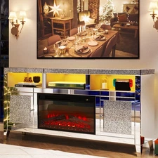 Mirrored Fireplace TV Stand for 65+ inch TV Crush Diamond Entertainment Center
