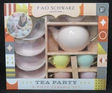 F.A.O. Schwarz 9 Piece Ceramic Tea Party Set for Kids, Pink Pot & Cups (NM)