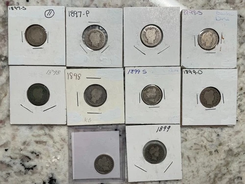 #11 Lot Of 10 SilverBarberDimes1897,1897S,1898(2),1898O(2),1898S,1899,1899O,99S.