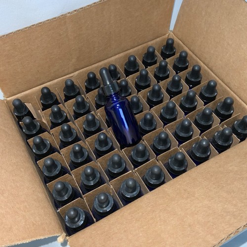 48 Cobalt Blue Glass Round Bottle With Black/Clear Dropper 1oz NOS - Picture 2 of 5