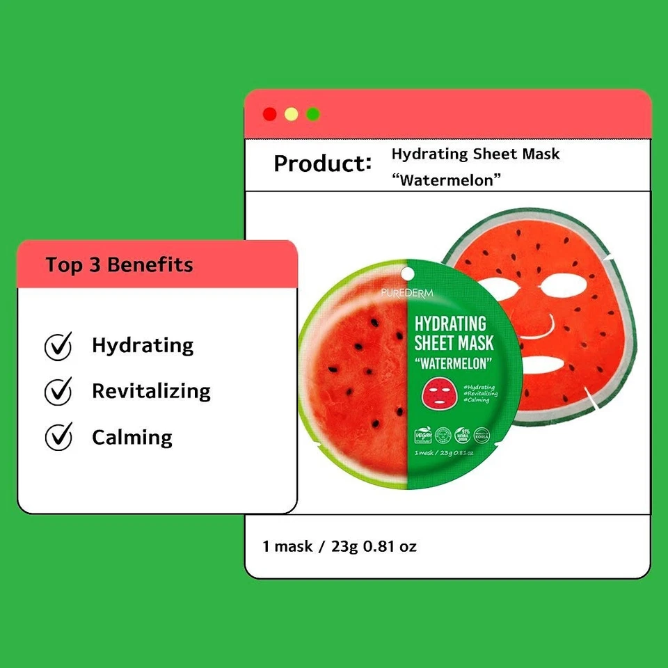 3 Packs of PUREDERM Hydrating Sheet Mask Watermelon - 1 Mask (23g) - Image 4 of 4