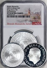 2023 2 POUNDS 1OZ SILVER PROOF NGC PF70 UCAM HENRY VIII BRITISH MONARCHS 1ST REL