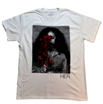 H.E.R. Mens HER R&B Music Artist Holding Flowers Graphic White Shirt New Medium
