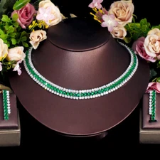 Silver Plated Green Square Zircon Wide Tennis Necklace Earring Women Jewelry Set