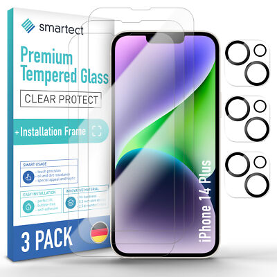 3x Schutzglas Panzerfolie für iPhone 14 Plus Anbringhilfe + 3x Kameraschutz Glas