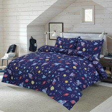 Space Galaxy Rocket Moon Stars Print Duvet Cover Pillowcase Bedding Set