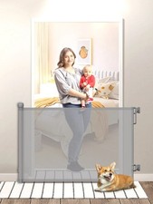 Retractable Baby Gate 140cm Wide Gray Mesh Safety Pet Gate for Stairs Doorways