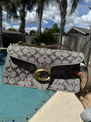 Coach Small Signature Logo Monogram Shoulder Bag Beige Brown Turn Lock Gold