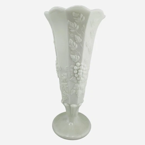 VINTAGE WESTMORELAND MILK GLASS PANELED GRAPE FLUTED FOOTED VASE 8”