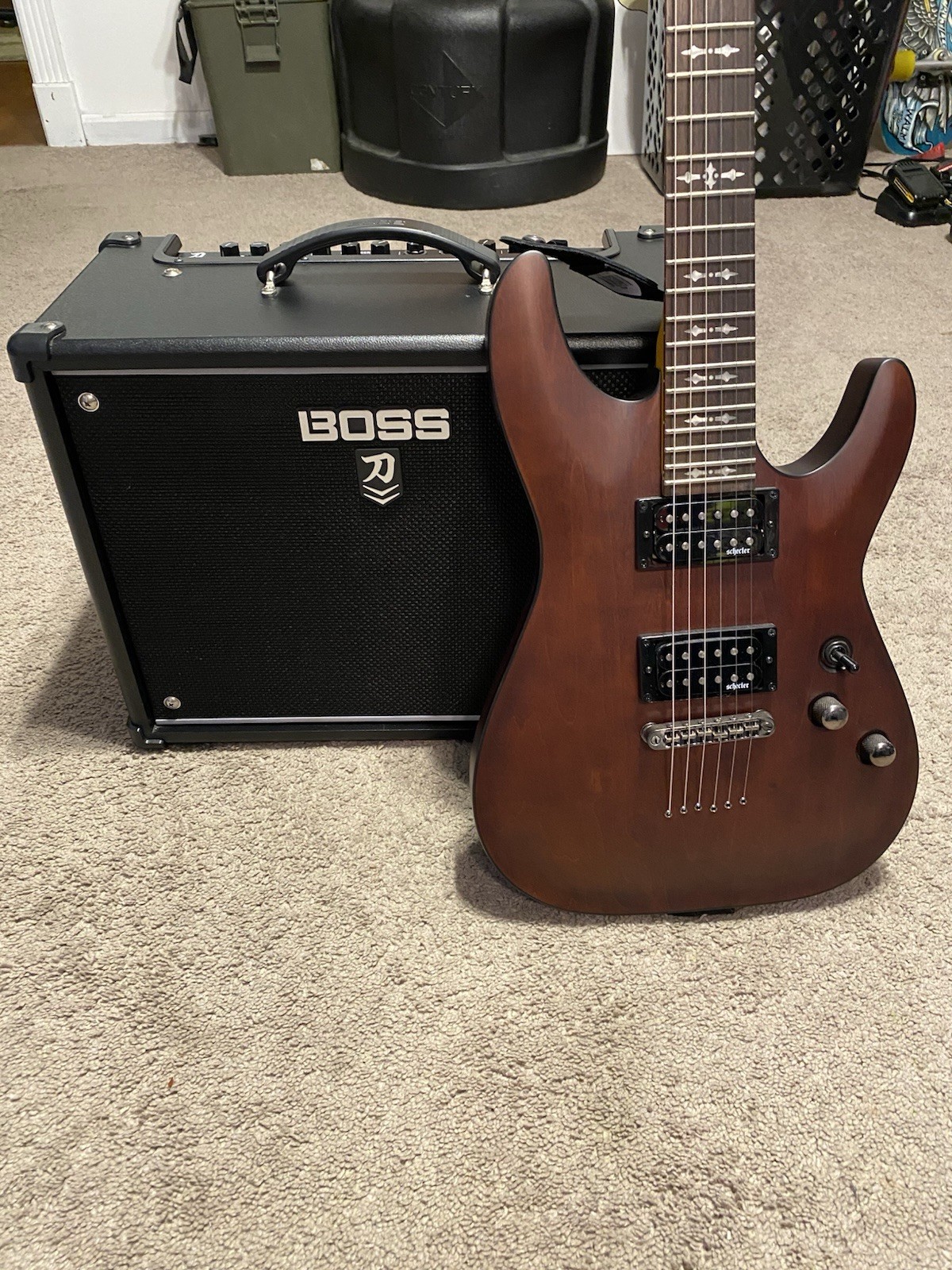 Schecter Diamond Series Omen-6 Electric Guitar Walnut Boss MK2 50W Amp (extras)
