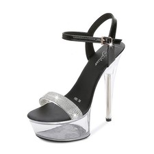 Women Rhinestone Ankle Strap Buckle High Heels Clear Platform Stiletto Sandals