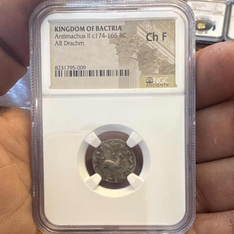 Kingdom of Bactria Antimachus II AR Silver Drachm c174-165 BC NGC Ch F