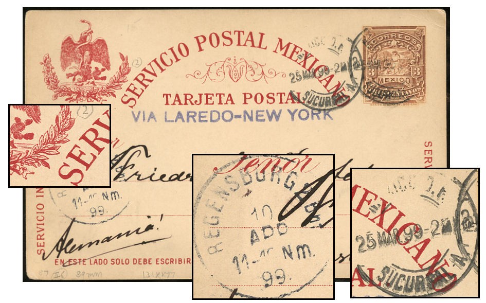 MEXICO 3¢ PSC 2mm WREATH/89mm MAR 1899 - GERMANY PC86