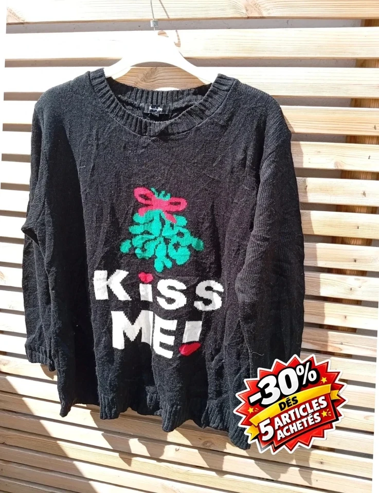 Pull de Noël Kiss Me Noir – Taille XXL – Made in UK - Photo 1/3